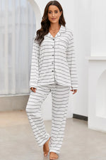 Striped V-Neck Long Sleeve Top and Pants Lounge Set - Ladyez