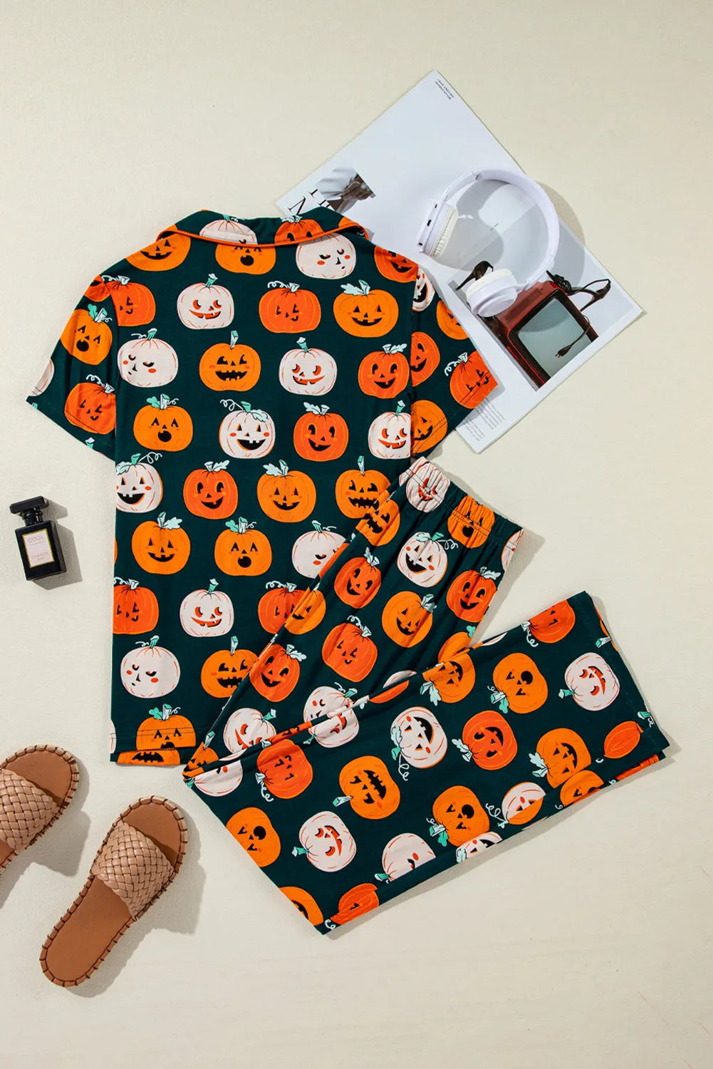 Pumpkin Printed Short Sleeve Top and Pants Lounge Set - Ladyez