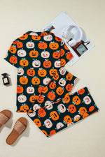 Pumpkin Printed Short Sleeve Top and Pants Lounge Set - Ladyez