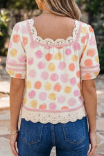 Polka Dot Lace Trim Square Neck Puff Sleeve Blouse