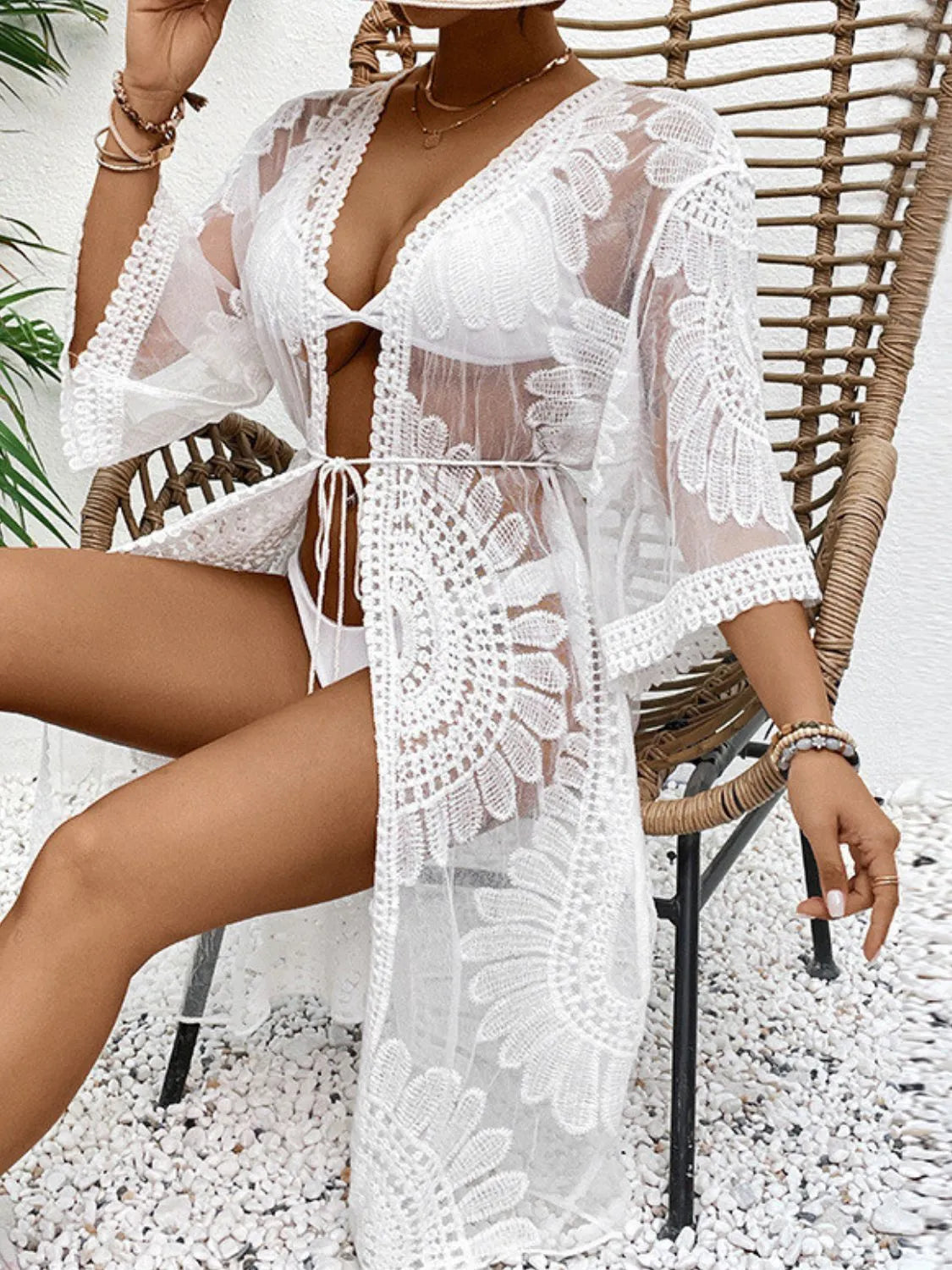 Lace Open Front Longline Cover-Up - Ladyez