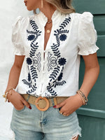 Embroidered Frill Notched Short Sleeve Blouse - Ladyez