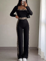 Leopard Trim Long Sleeve Jumpsuit