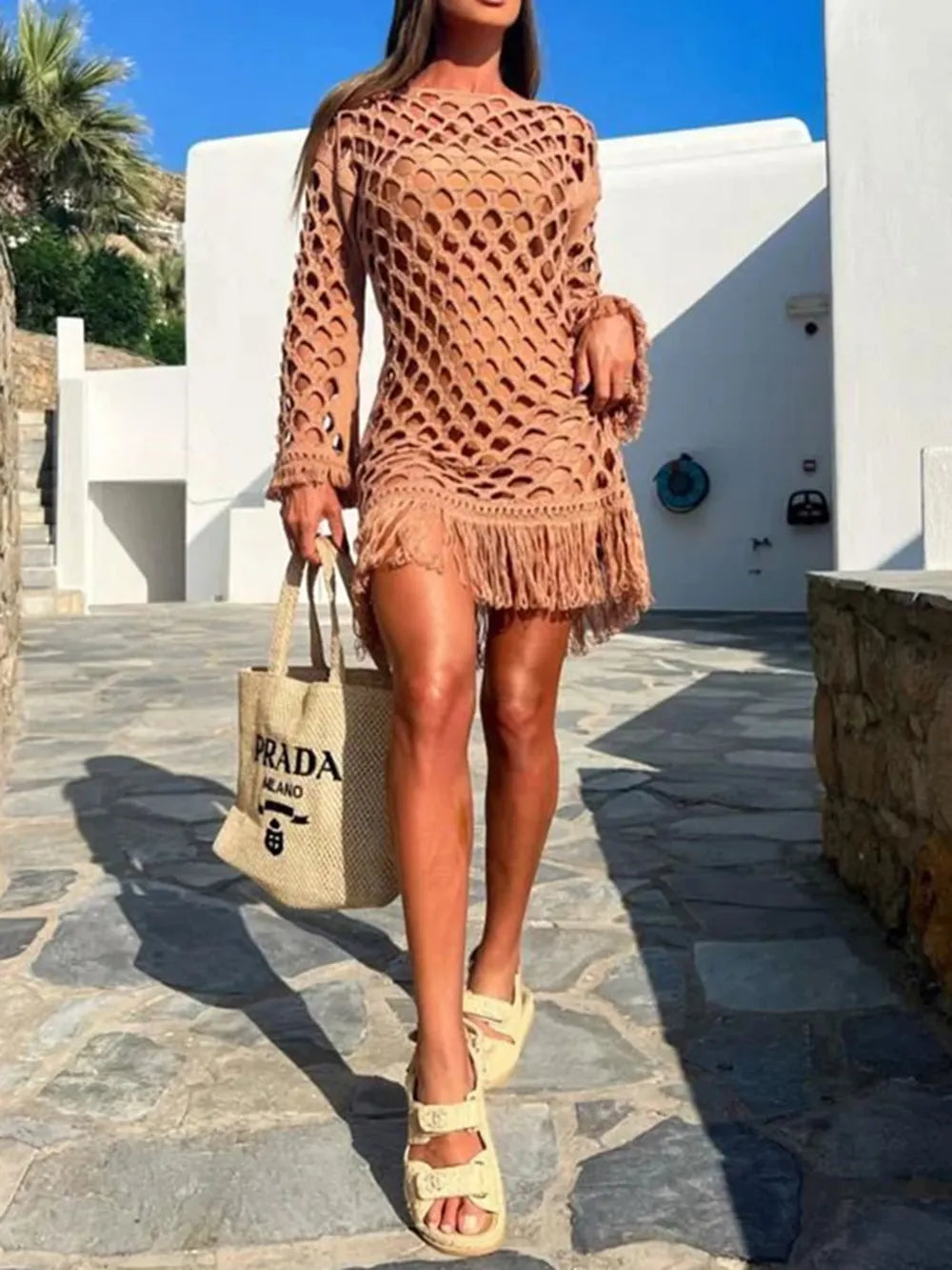 Fringe Cutout Long Sleeve Cover Up - Ladyez