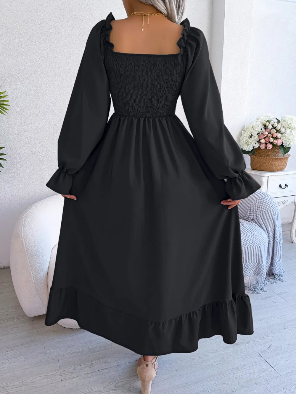 Smocked Square Neck Flounce Sleeve Dress - Ladyez