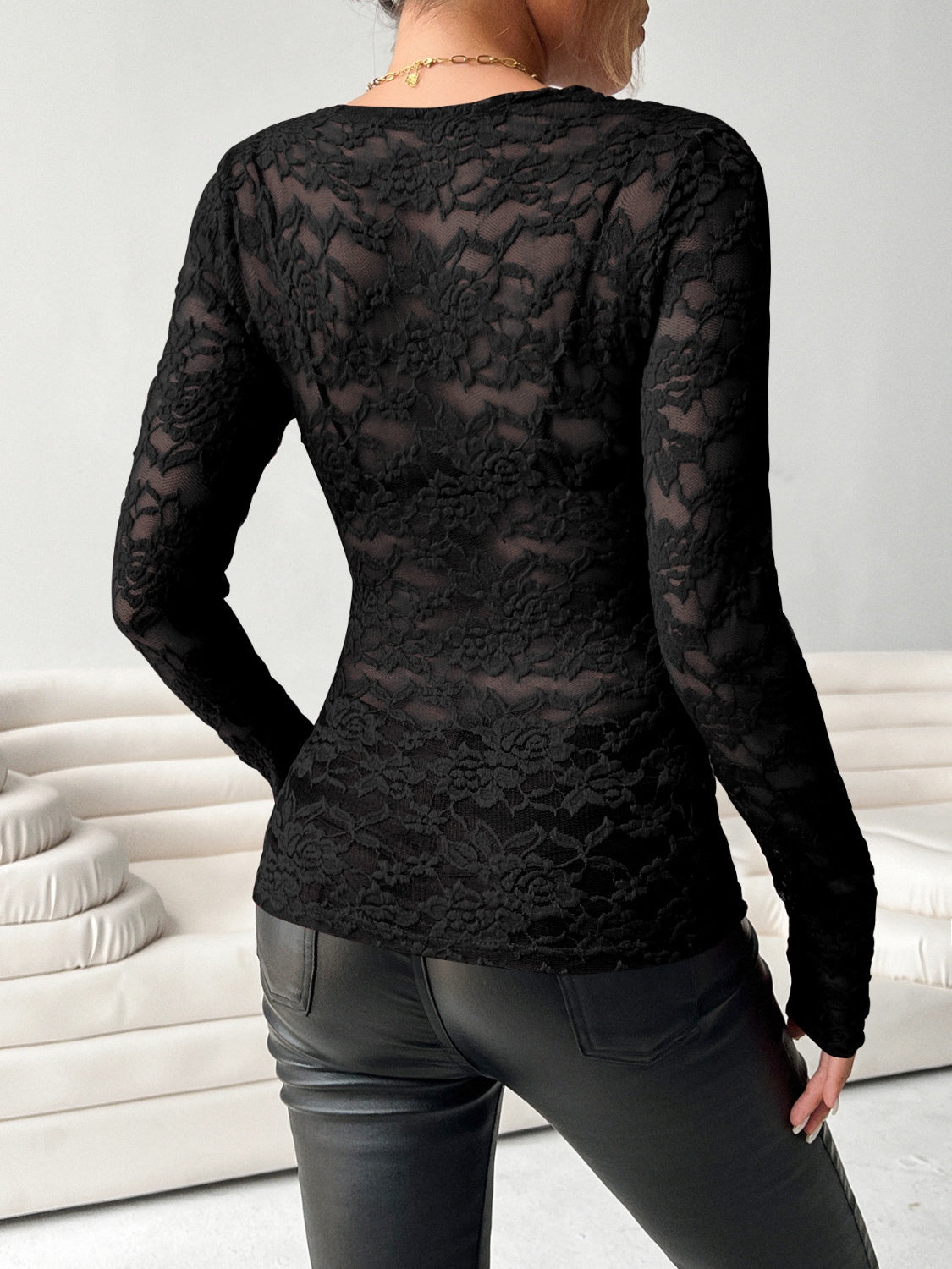 V-Neck Long Sleeve Lace Top - Ladyez