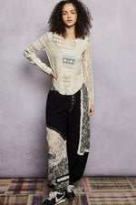 POL Round Neck Long Sleeve Exposed Seam Top with Lace Detail
