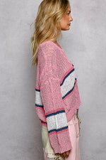 POL V-Neck Striped Pattern Cropped Knit Top with Cable Knit Detail