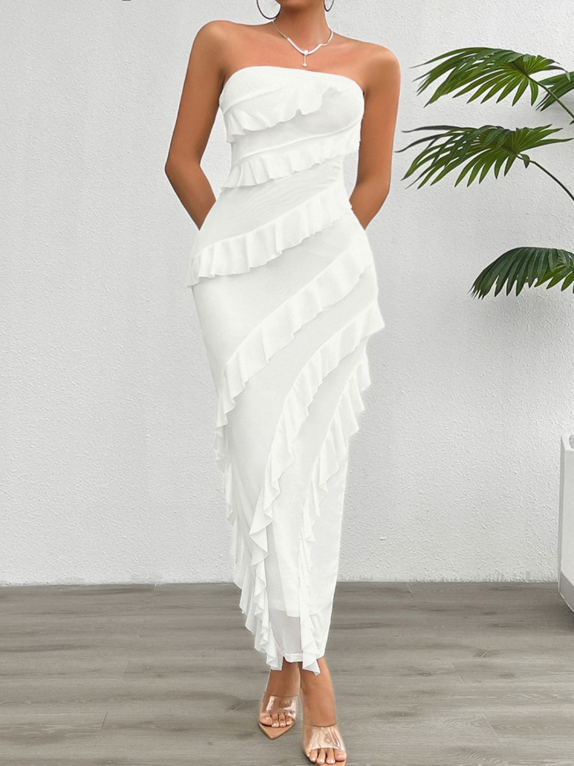 Devine Ruffled Slit Back Tube Maxi Dress - Ladyez