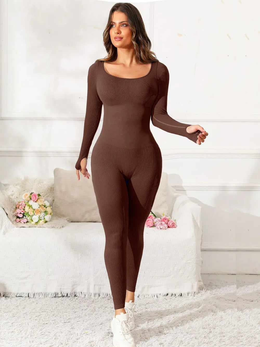 Scoop Neck Long Sleeve Active Jumpsuit - Ladyez