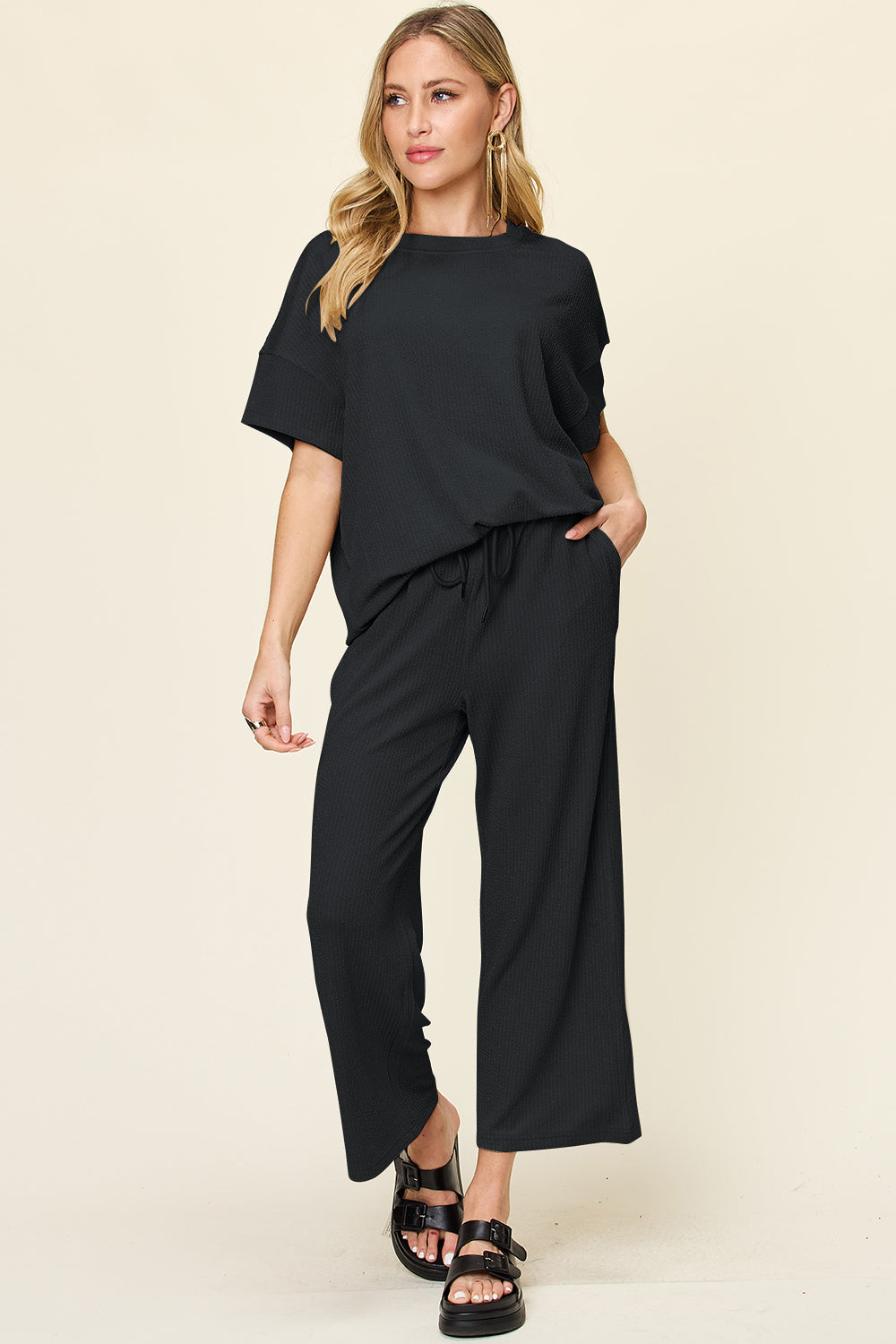 Double Take Full Size Texture Round Neck Short Sleeve T-Shirt and Wide Leg Pants - Ladyez