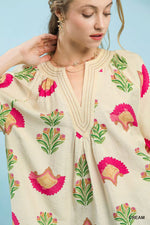 Umgee Abstract Print Blouse with Ruched Detail