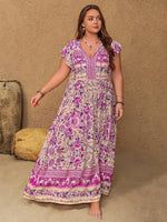Plus Size Printed V-Neck Cap Sleeve Maxi Dress