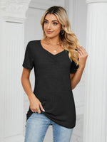 Ruched V-Neck Short Sleeve T-Shirt - Ladyez