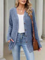 Ribbed Knit Hooded Button-Down Cardigan