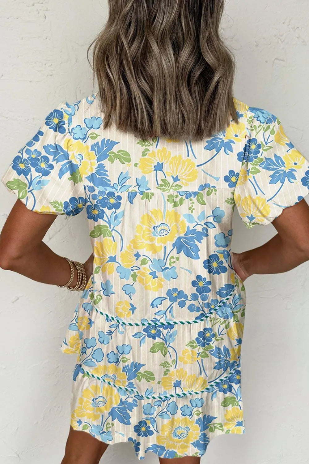 Floral Striped Trim Puff Short Sleeve Dress