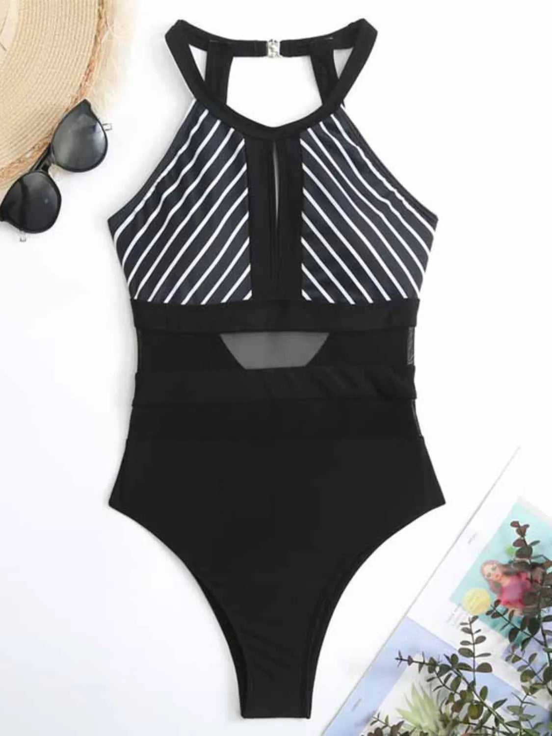 Mesh Detail Backless Striped One-Piece Swimsuit - Ladyez