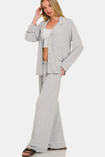 Zenana Button Down Long Sleeve Top and Pants Lounge Set - Ladyez