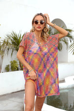 Angel Wings Openwork Contrast Short Sleeve Cover-Up - Ladyez