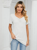 Ruched V-Neck Short Sleeve T-Shirt - Ladyez