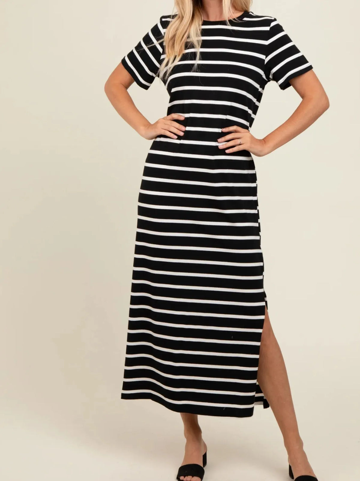 Full Size Striped T-Shirt Maxi Dress with Side Slit Plus Size - Ladyez