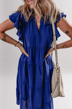 Ruffled Short Sleeve Collared V Neck Tiered Midi Dress