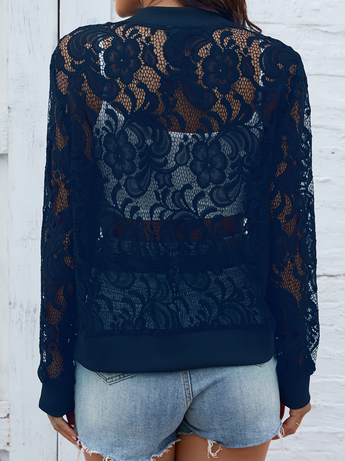 Sheer Lace Zip Up Long Sleeve Jacket - Ladyez