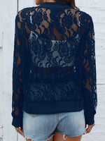Sheer Lace Zip Up Long Sleeve Jacket - Ladyez
