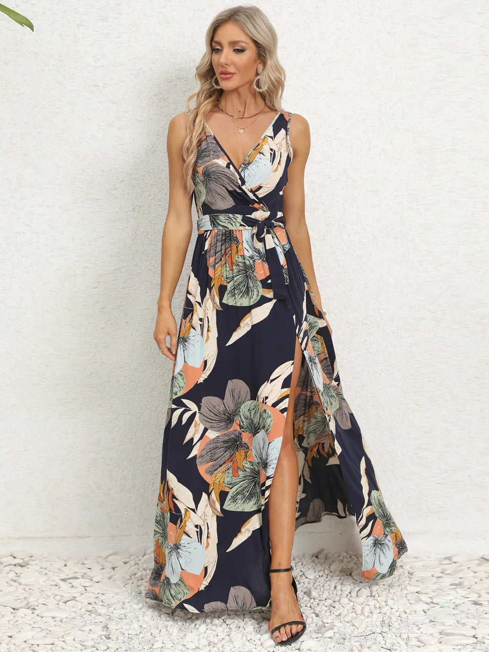 Slit Tied Printed Surplice Dress - Ladyez