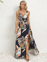 Slit Tied Printed Surplice Dress - Ladyez