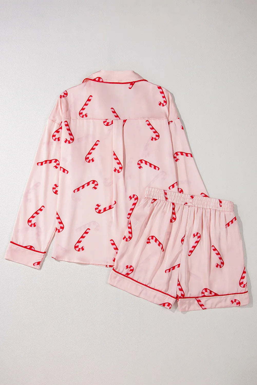 Candy Cane Collared Neck Long Sleeve Top and Shorts Lounge Set - Ladyez