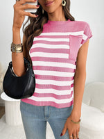 Striped Knit Pocket Detail Cap Sleeve Sweater