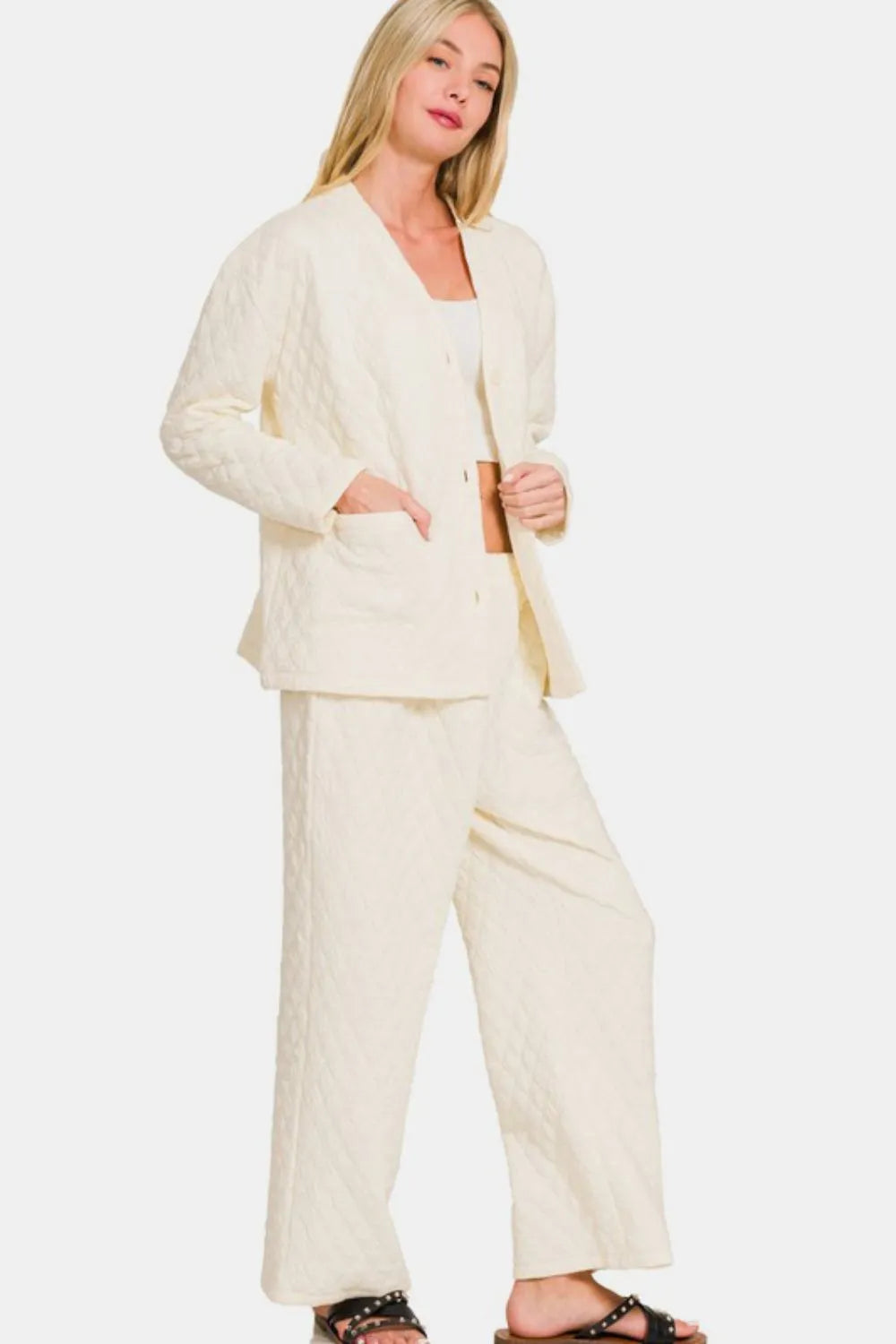 Zenana Quilted Button Up Long Sleeve Top and Pants Lounge Set - Ladyez