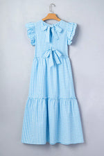 Knot Back Ruffled Short Sleeve Gingham Maxi Dress