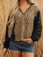 Leopard Patchwork Contrast Stitching Knotted Cuff Quarter Zip Hoodie