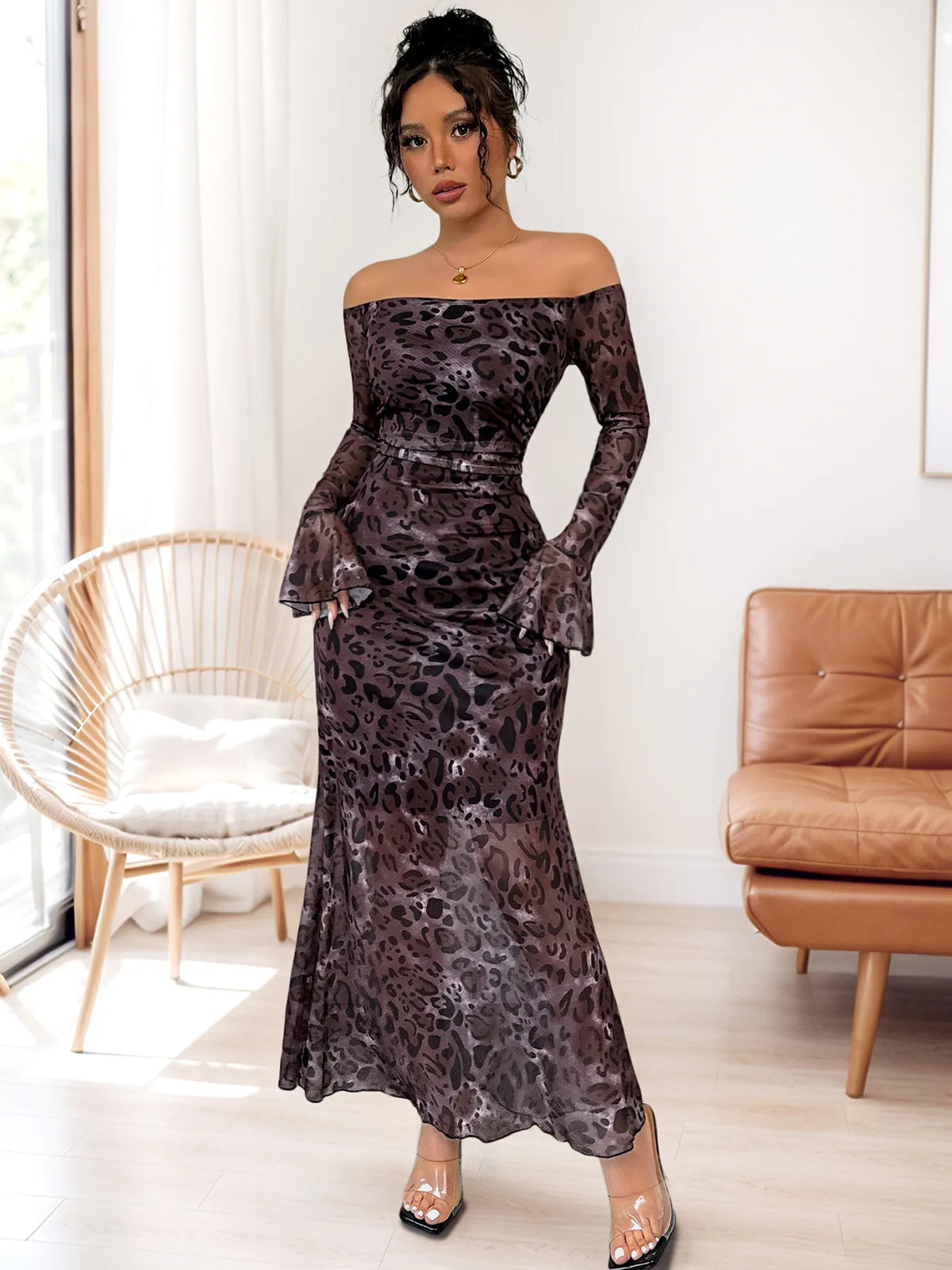Off-Shoulder Long Sleeve Maxi Dress - Ladyez