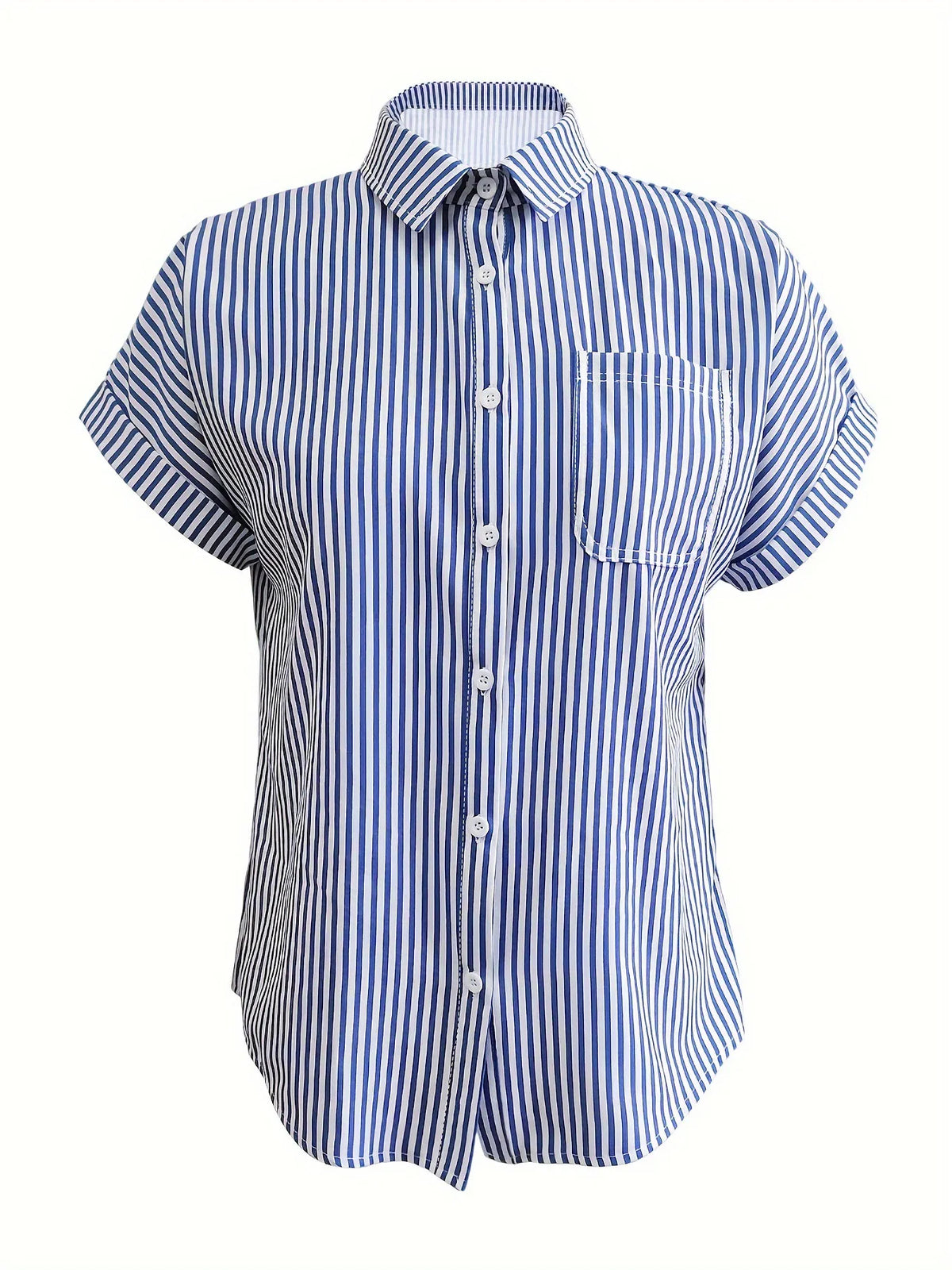 Full Size Striped Button-Up Casual Shirt with Pocket Plus Size - Ladyez