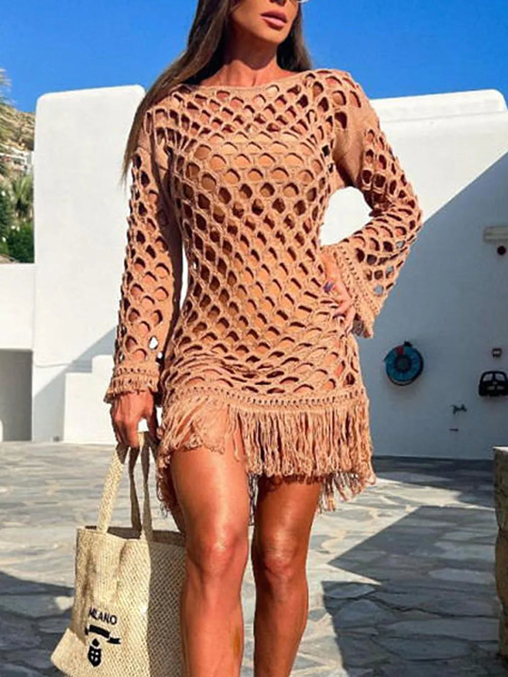 Fringe Cutout Long Sleeve Cover Up - Ladyez