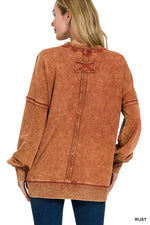 Zenana Acid Wash Raw Edge French Terry Sweatshirt with Front Pocket