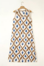 Abstract Print V Neck Sleeveless Midi Dress