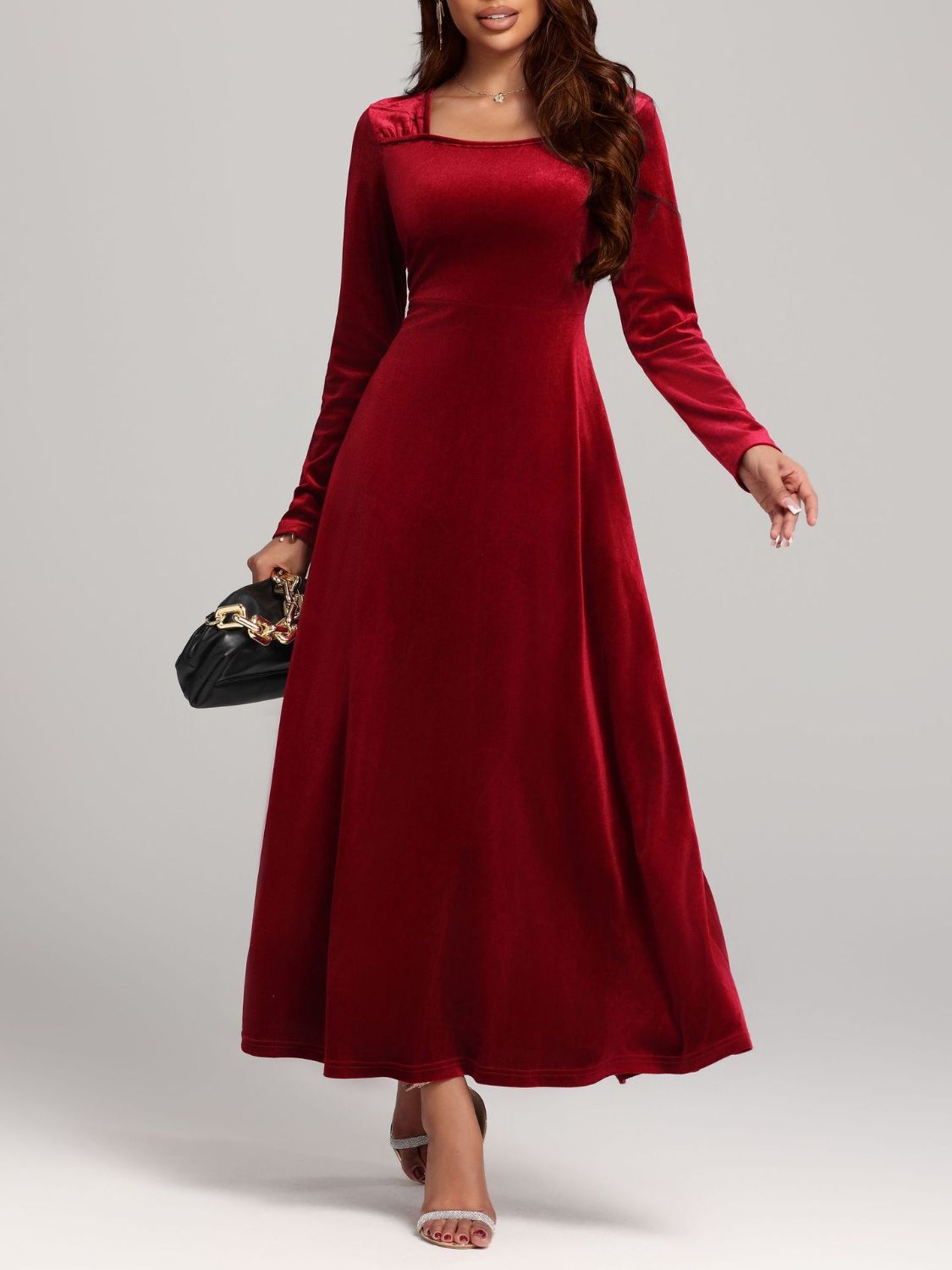 Square Neck Long Sleeve Velvet Dress - Ladyez