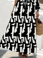 One-Shoulder Geometric Print Maxi Dress with Waist Tie