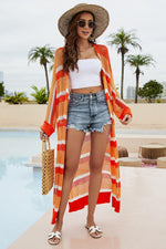 Striped Open Front Side Slit Duster Cover Up - Ladyez