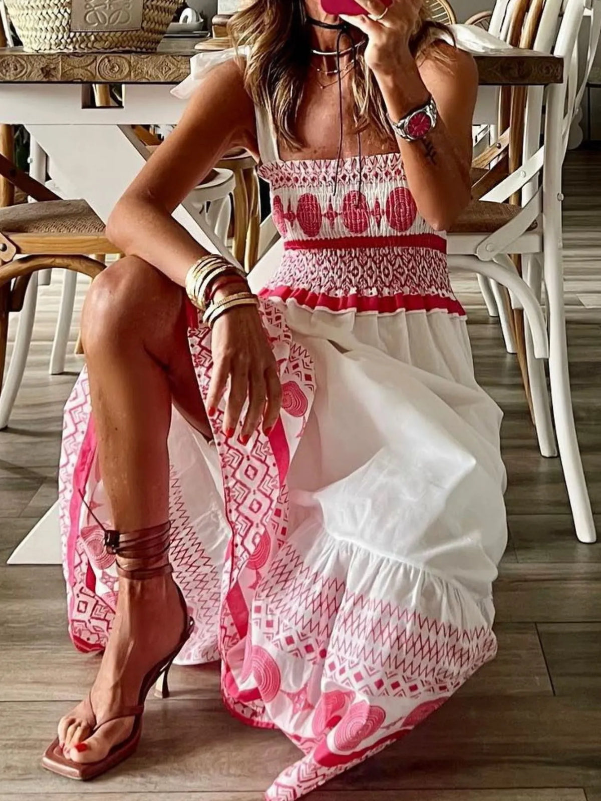 Smocked Printed Tie Shoulder Maxi Dress - Ladyez