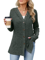 Ribbed Knit Hooded Button-Down Cardigan