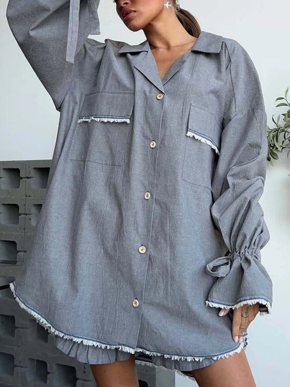 Button Up Flounce Sleeve Top and Shorts Set - Ladyez