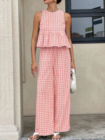 Gingham Sleeveless Top and Wide-Leg Pants Set