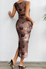 Printed Ruched Slit Sleeveless Midi Dress - Ladyez