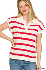 Zenana Textured Stripe Collared Sweater Vest