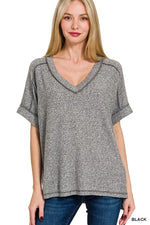 Zenana Full Size Soft Melange Hacci V-Neck Short Sleeve Hi-low Tee Plus Size